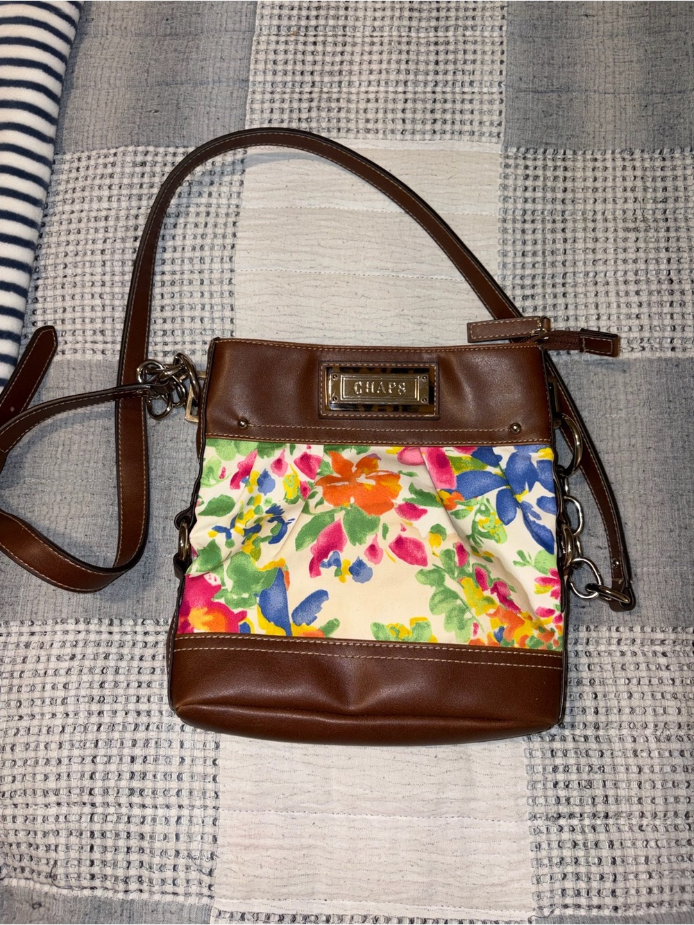 Chaps Brown Floral Canvas Crossbody Bag